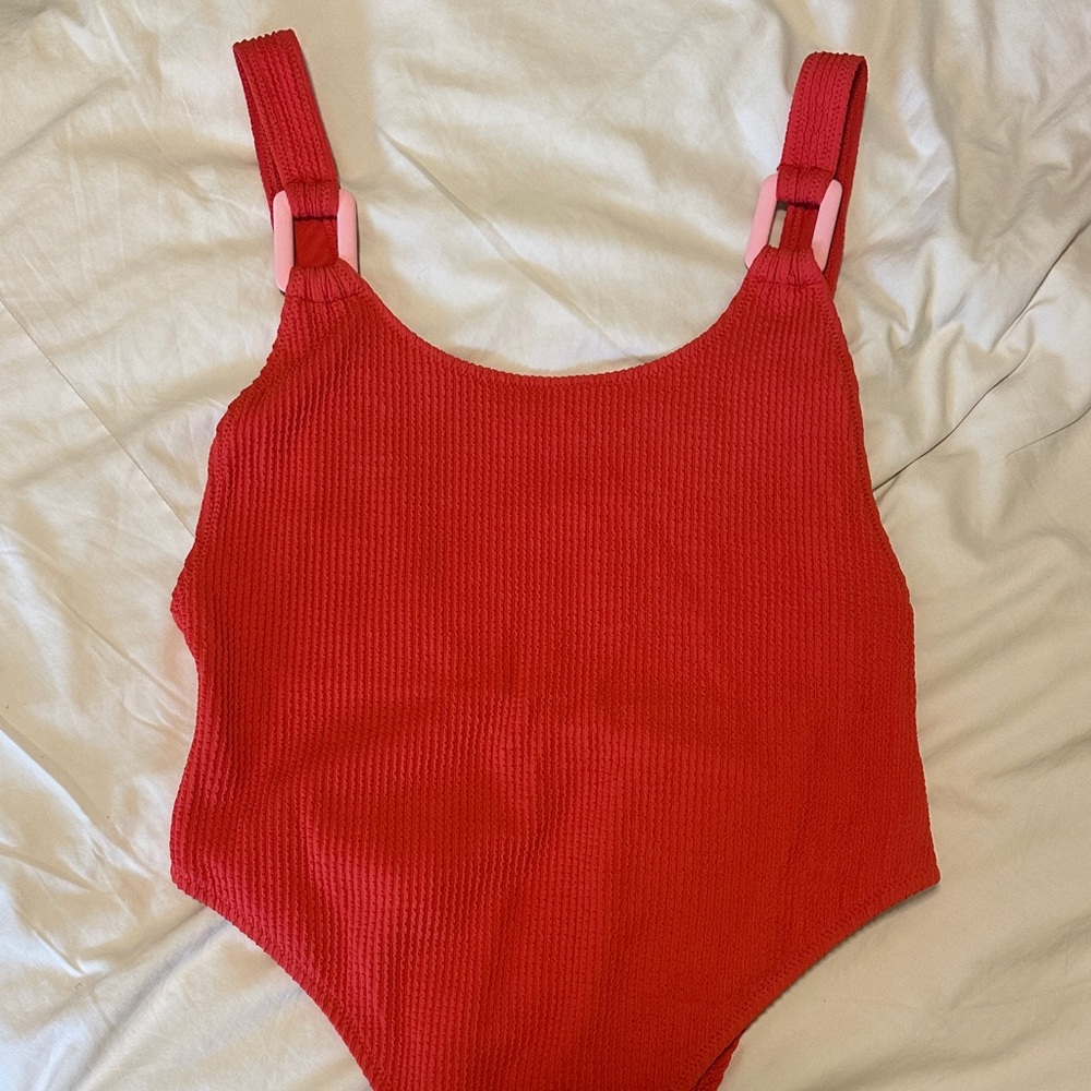 Aerie Red Ribbed Swimsuit with Pink Accents